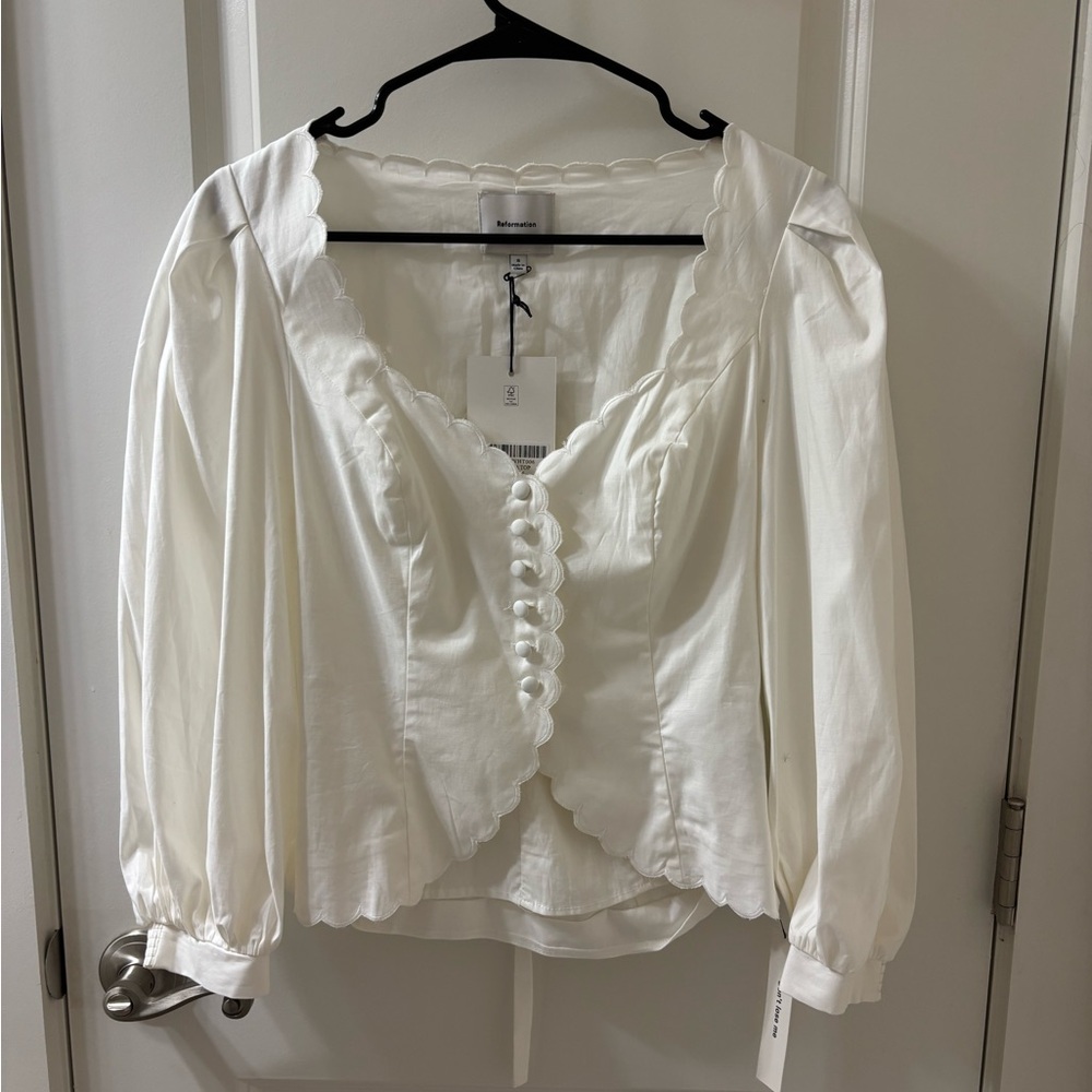 Reformation White Puff Sleeve Ruched Blouse